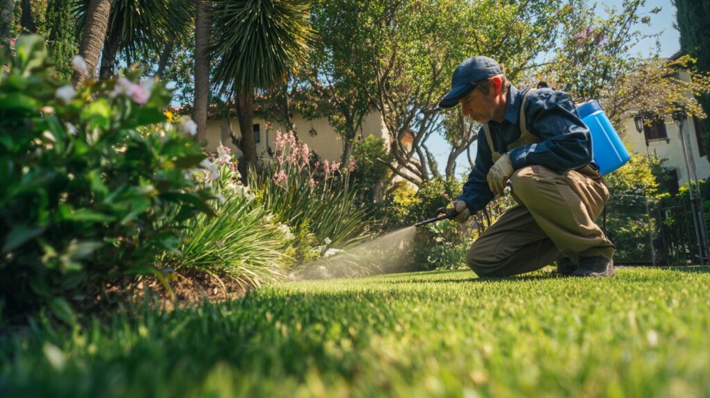 Professional landscaper in uniform applying weed control spray