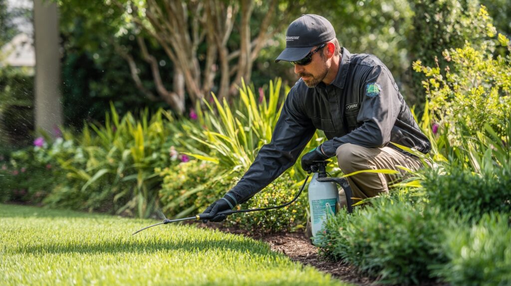 Professional landscaper in uniform applying weed control spray