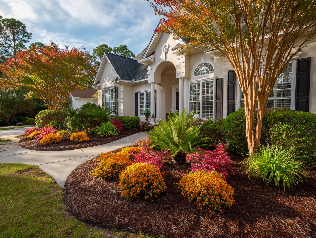 North Myrtle Beach home with freshly mulched fall flower beds