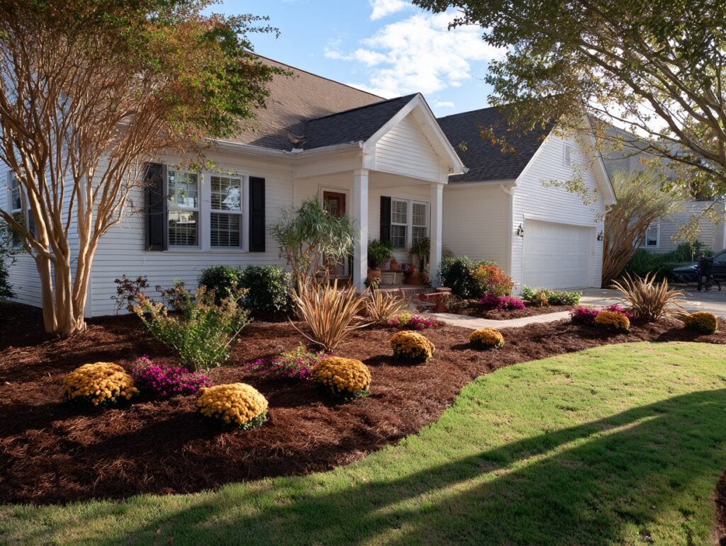 North Myrtle Beach home with freshly mulched fall flower beds