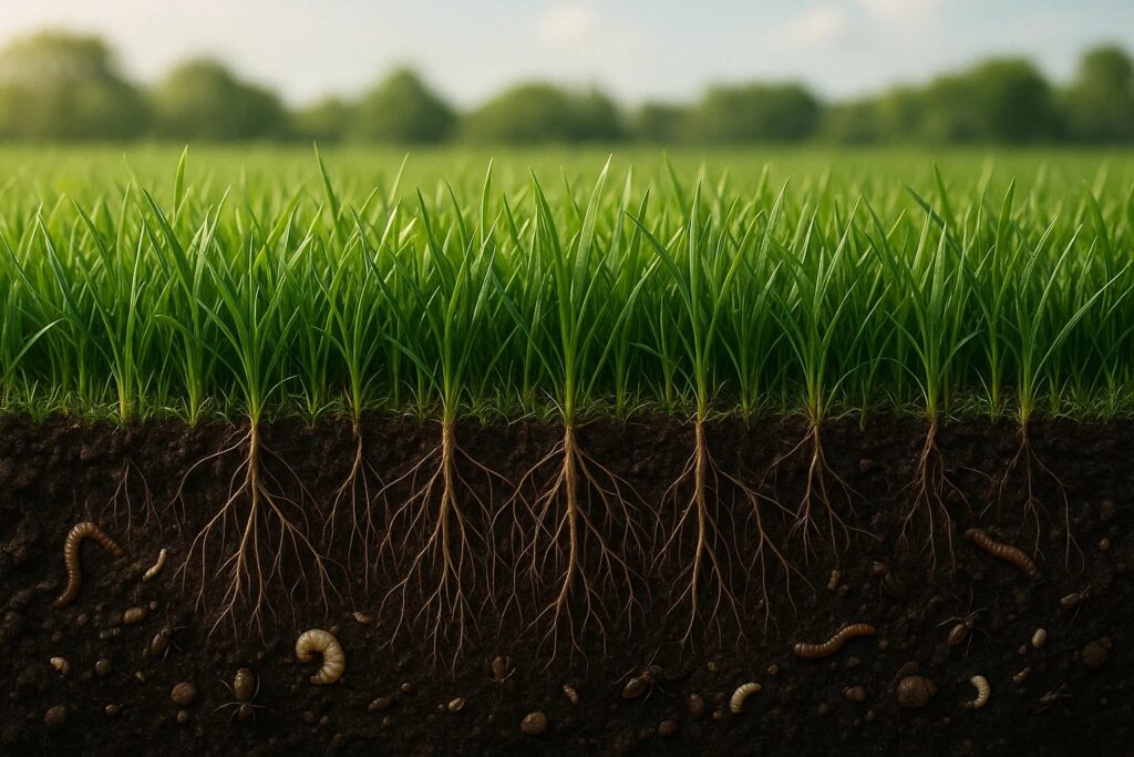 Cross-section of a lush lawn