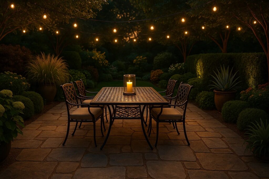 Elegant stone patio with outdoor dining table surrounded by ornamental plants and string lighting