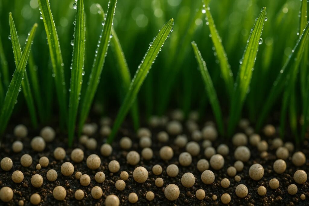  fertilizer granules on healthy turf showing morning dew and rich green blades