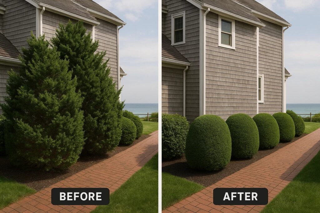 Before-and-after view of neatly shaped evergreen shrubs along a brick walkway