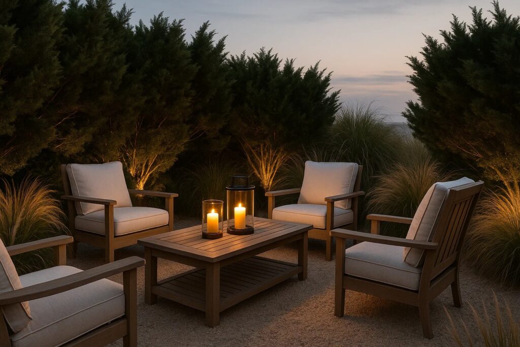 Outdoor seating area partially sheltered by evergreen shrubs and ornamental grasses