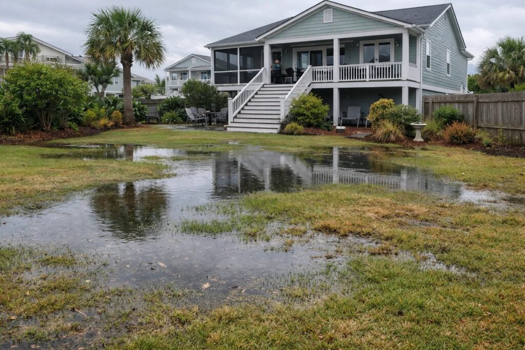 yard after spring rain showing standing water and soggy turf