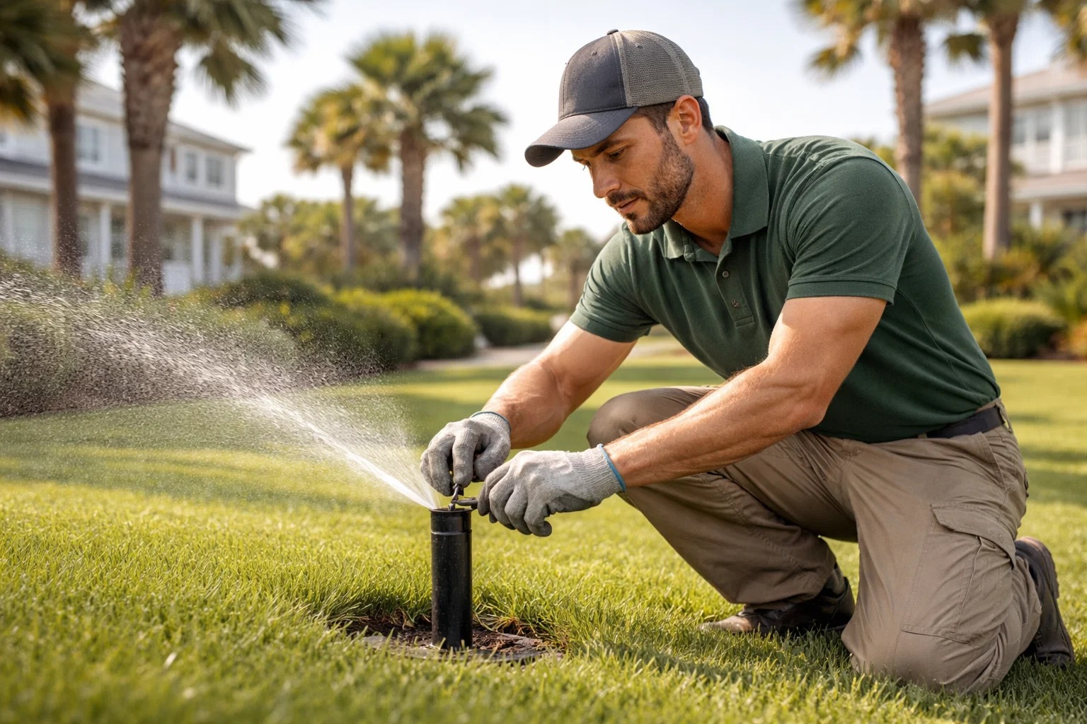 landscaper inspecting and adjusting an irrigation sprinkler head