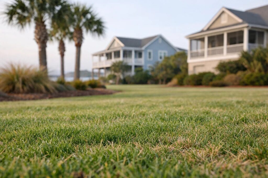 residential lawn in late winter transitioning into early spring