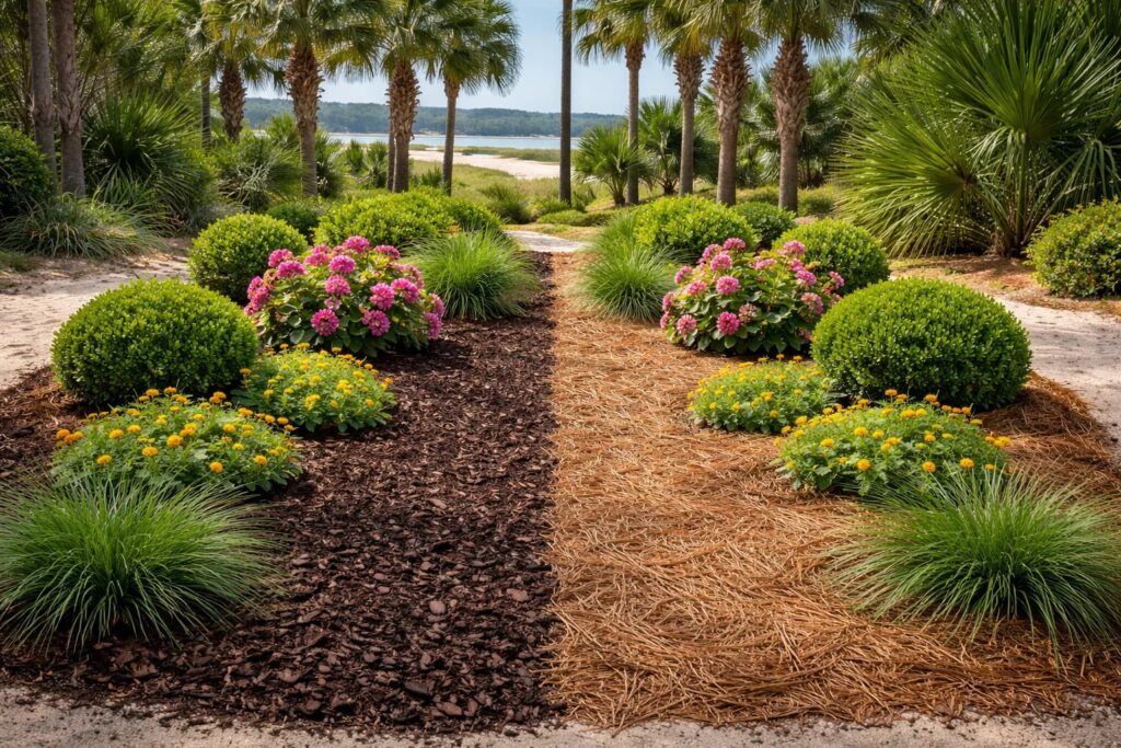 landscape bed split visually between fresh dark mulch on one side and clean pine straw on the other