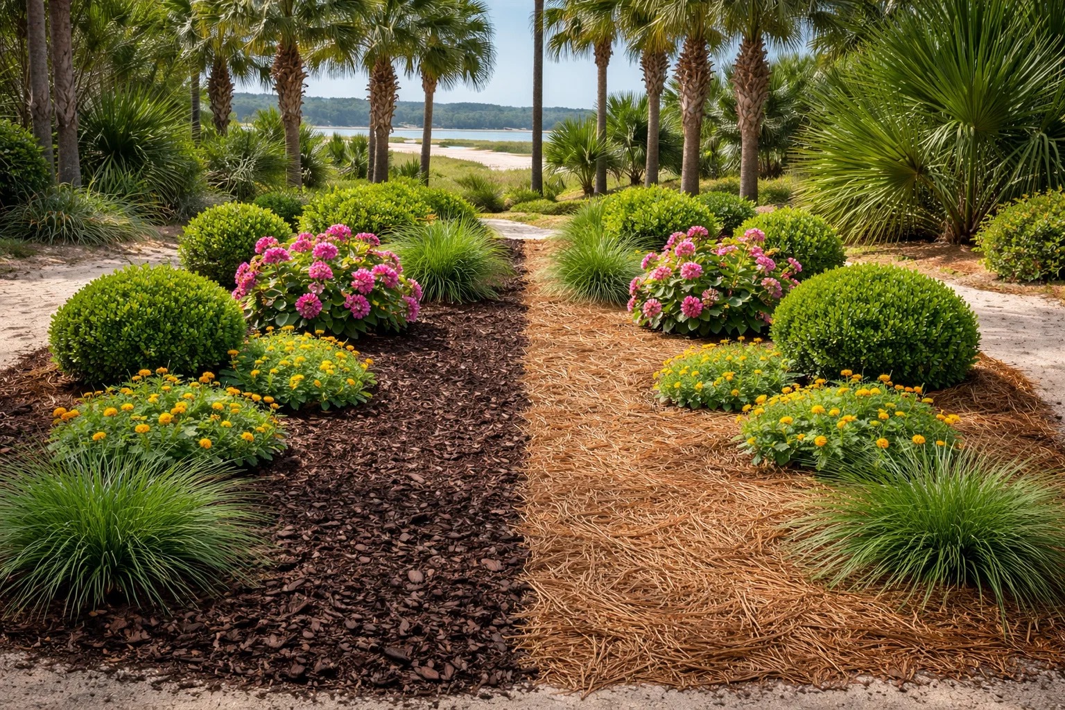 landscape bed split visually between fresh dark mulch on one side and clean pine straw on the other