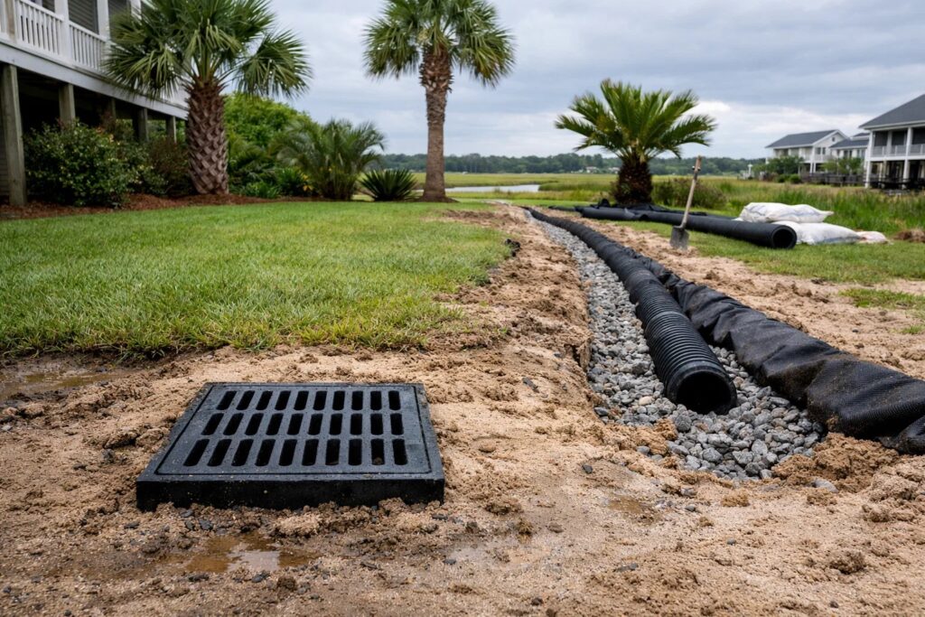 residential coastal South Carolina yard with a visible catch basin grate and French drain installation trench
