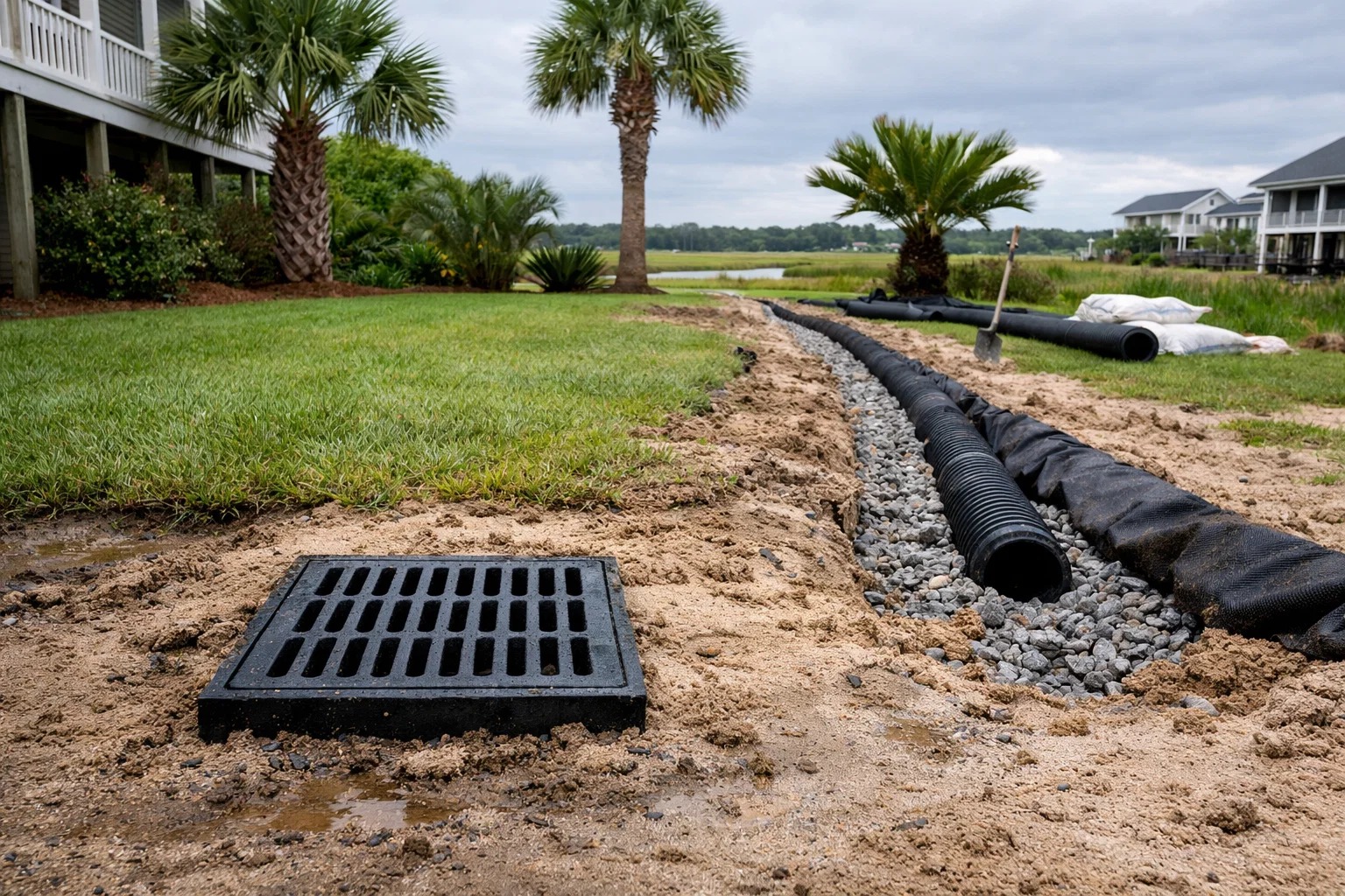 residential coastal South Carolina yard with a visible catch basin grate and French drain installation trench