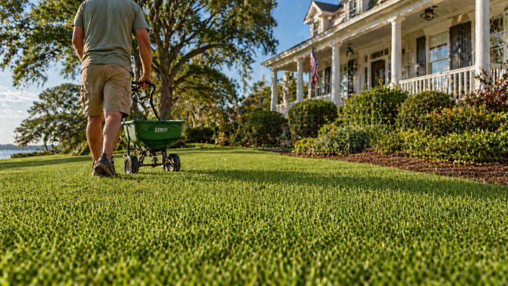 ristine centipede grass lawn in front of a traditional low-country style home in North Myrtle Beach