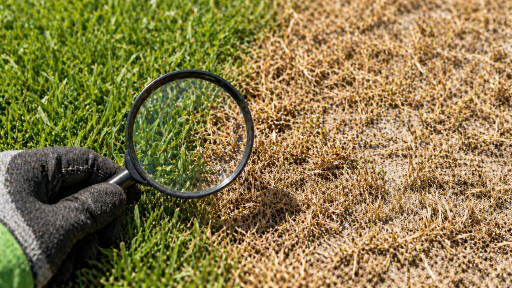 Chinch bug damage on a St. Augustine lawn in North Myrtle Beach SC showing yellowing and brown patches expanding from a central point in summer