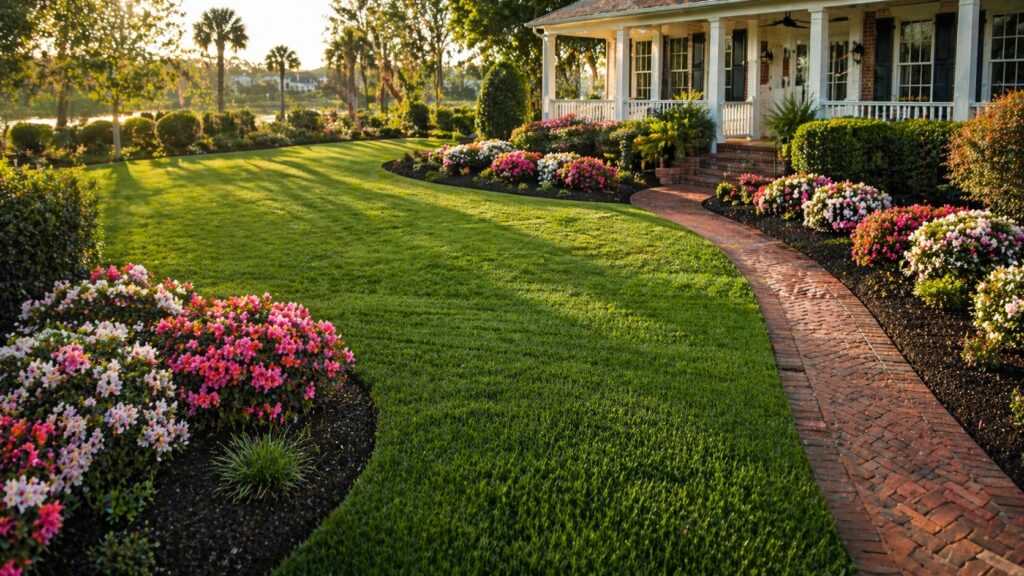 Lush spring lawn with blooming pink azaleas and mulched beds in front of a North Myrtle Beach SC home