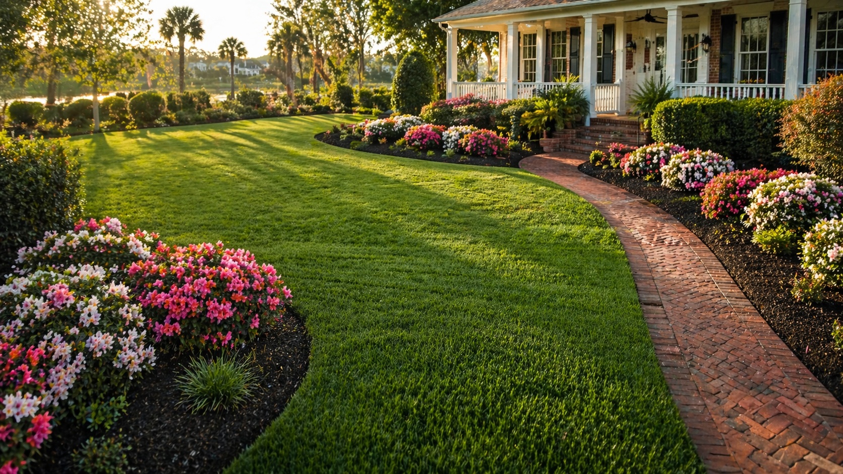 Lush spring lawn with blooming pink azaleas and mulched beds in front of a North Myrtle Beach SC home