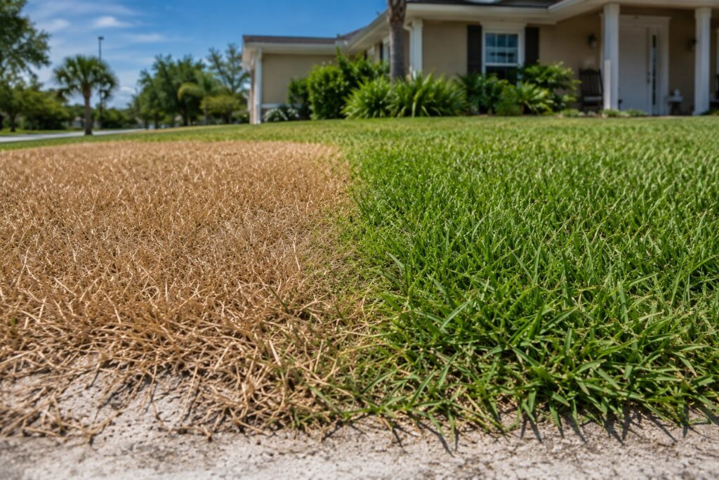 Brown dormant centipede grass lawn in North Myrtle Beach during August heat with healthy green grass nearby