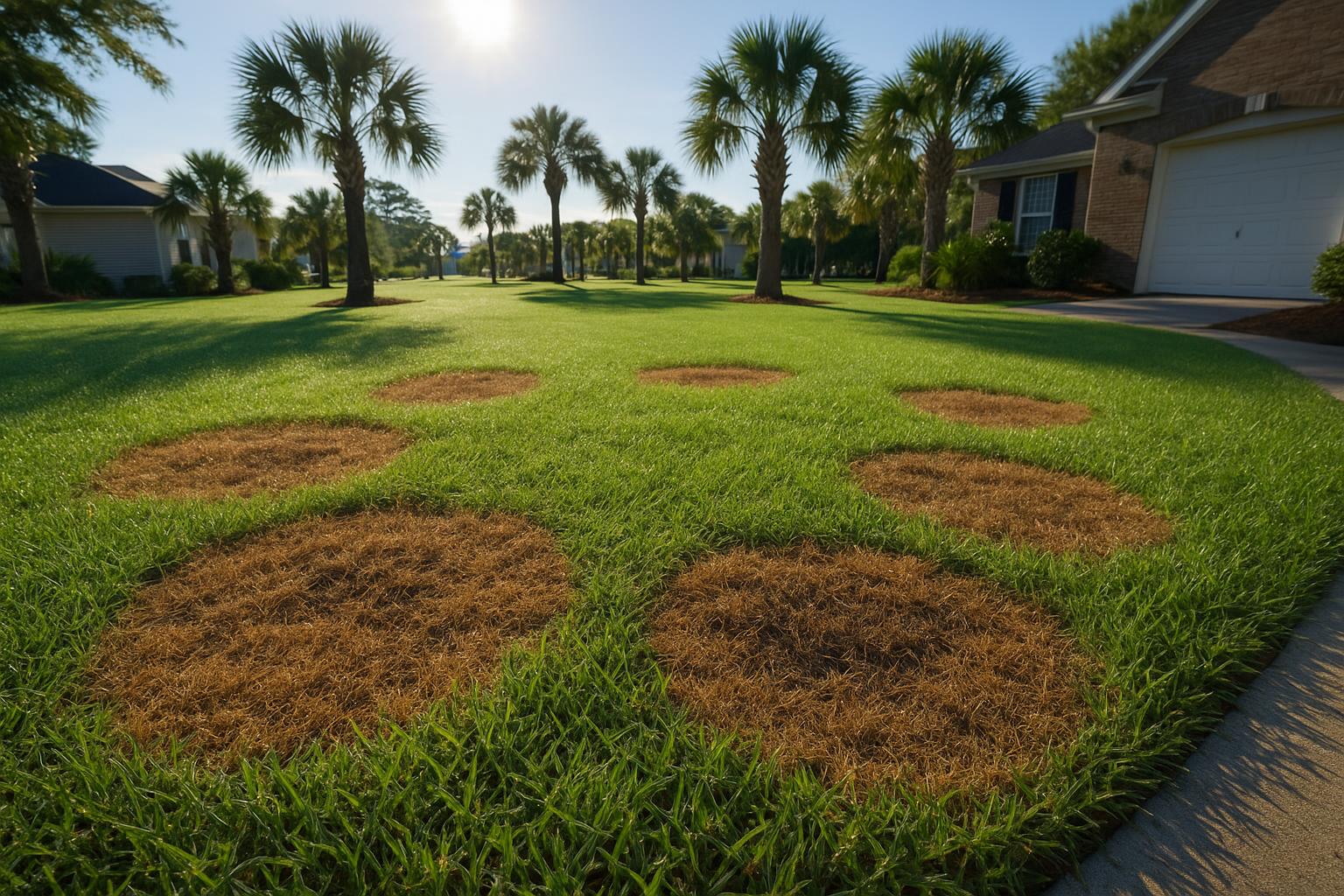 Brown patch fungus circles on a North Myrtle Beach centipede grass lawn in summer