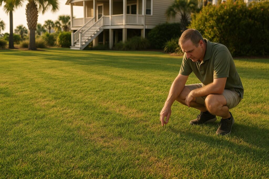 North Myrtle Beach lawn in late summer being assessed for fall recovery planning