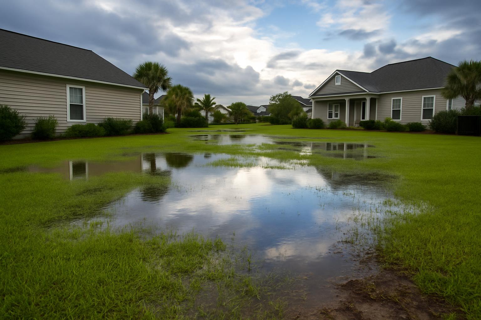 Waterlogged coastal SC lawn with standing water after heavy summer rain