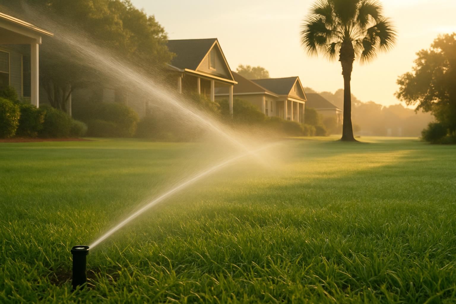 Irrigation sprinklers running on a North Myrtle Beach residential lawn in summer morning