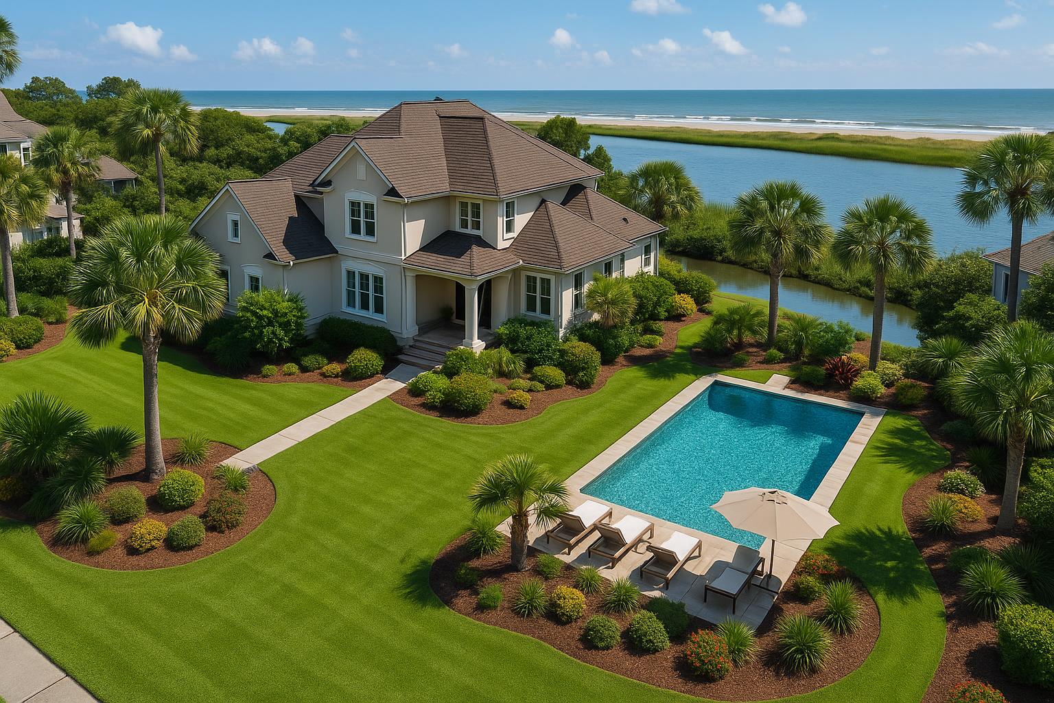 Aerial view of a well-maintained North Myrtle Beach residential property in mid-summer