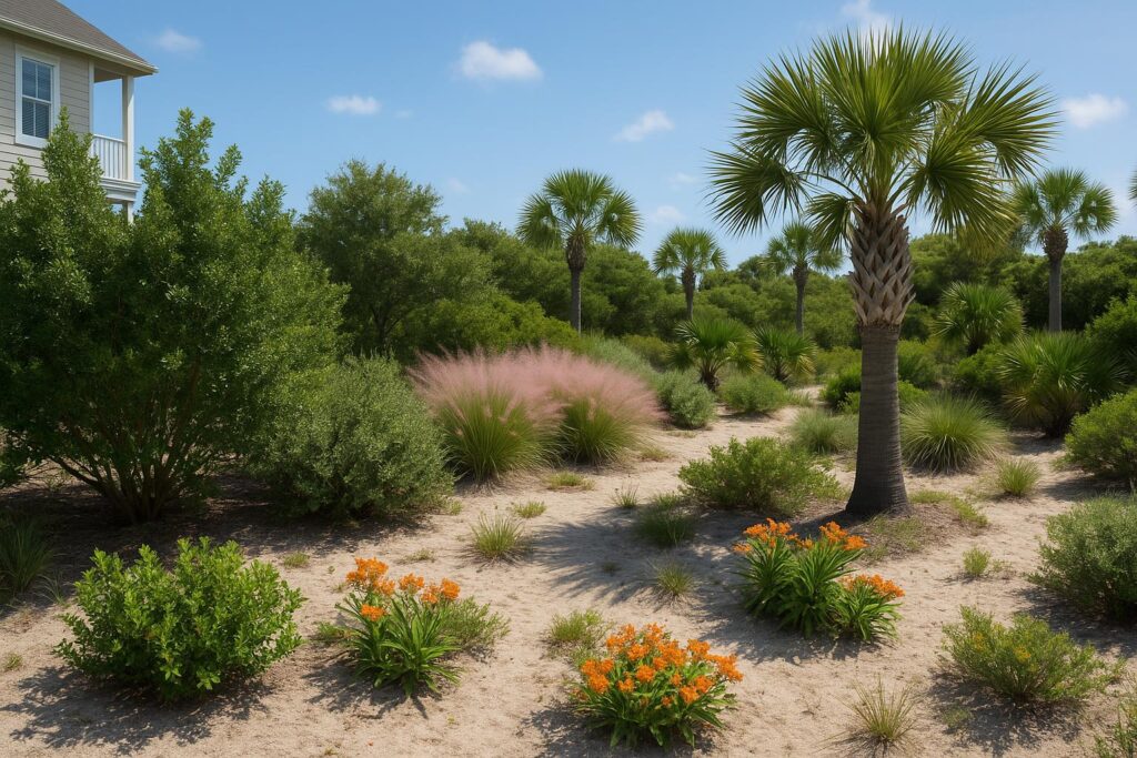 Native drought-tolerant coastal Carolina plants including yaupon holly and muhly grass