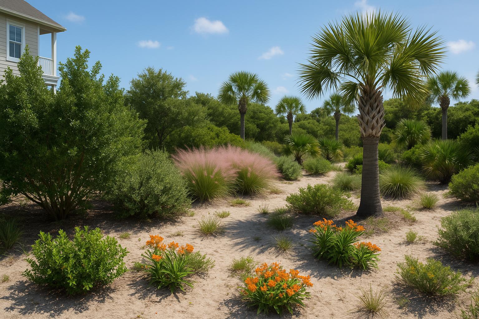 Native drought-tolerant coastal Carolina plants including yaupon holly and muhly grass
