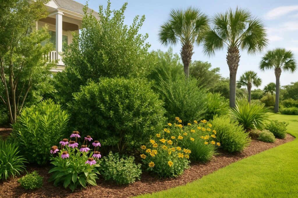 Well-maintained ornamental landscape beds at a North Myrtle Beach home in summer