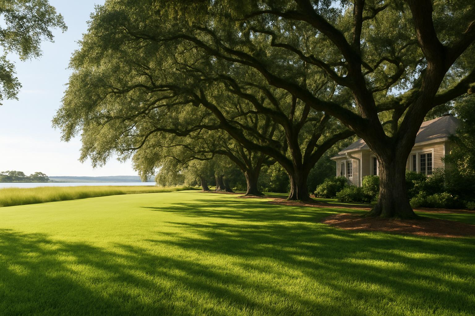 North Myrtle Beach yard showing shade and full sun areas with different grass conditions