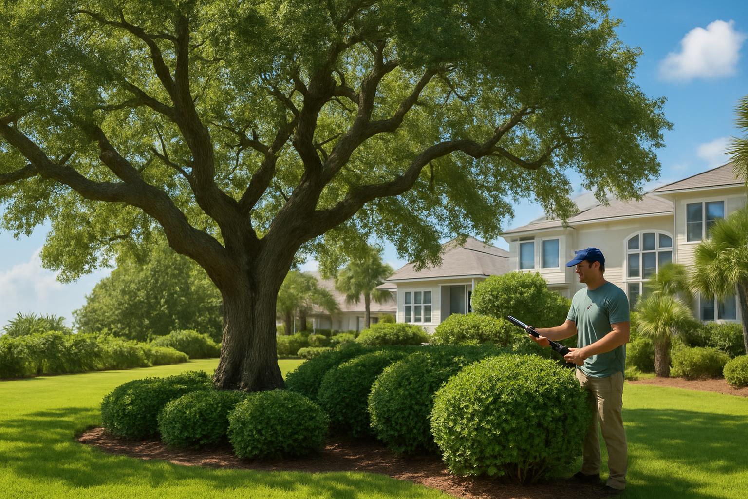 Large live oak and maintained shrubs at a North Myrtle Beach property in summer