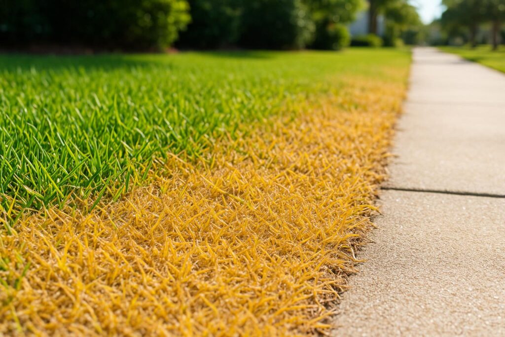 Chinch bug damage on centipede grass at a North Myrtle Beach lawn edge in August