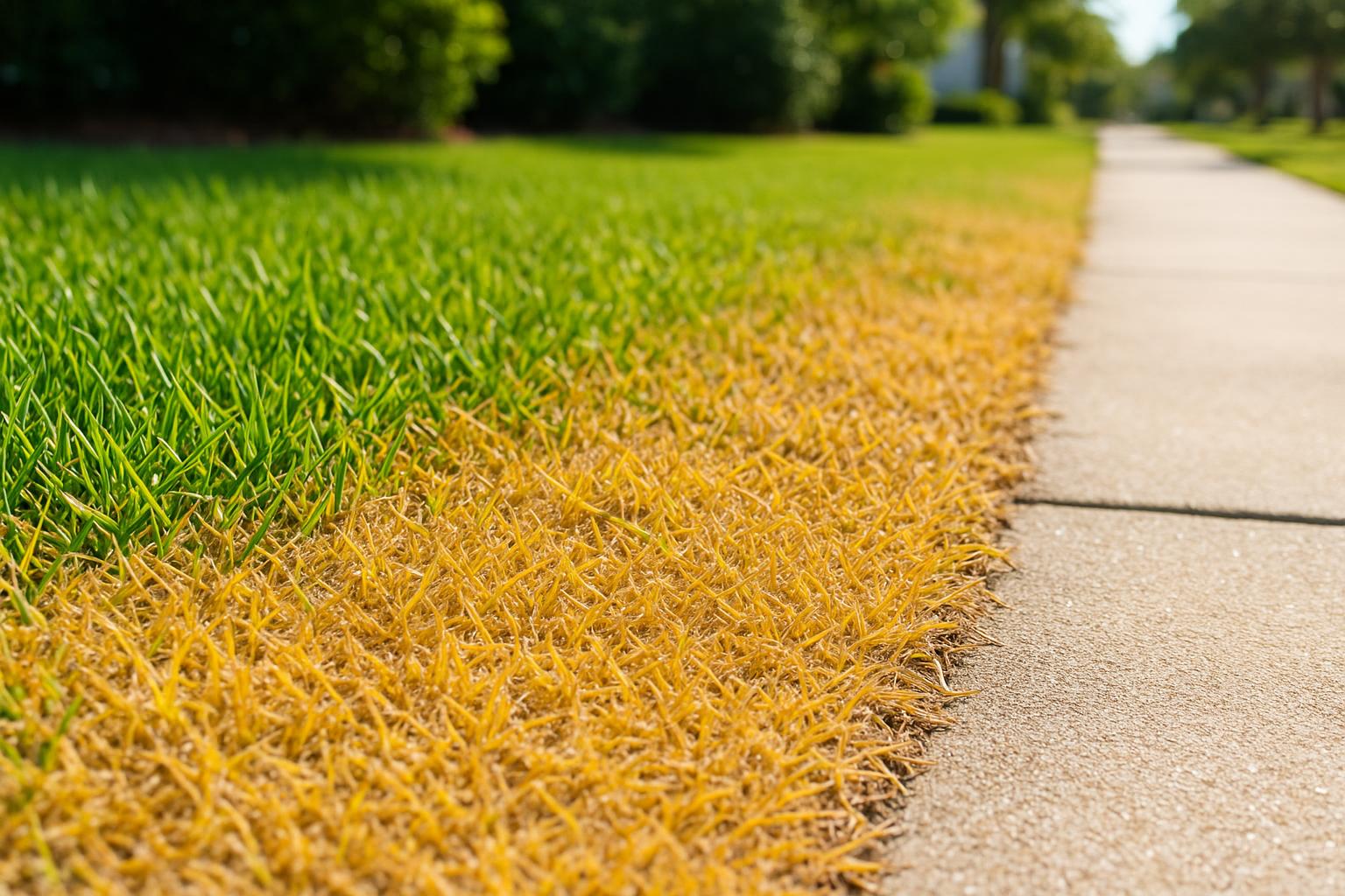 Chinch bug damage on centipede grass at a North Myrtle Beach lawn edge in August