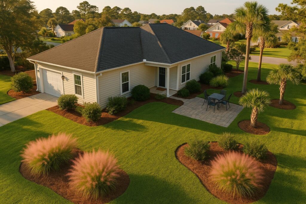 Well-maintained North Myrtle Beach residential lawn and landscape at end of summer