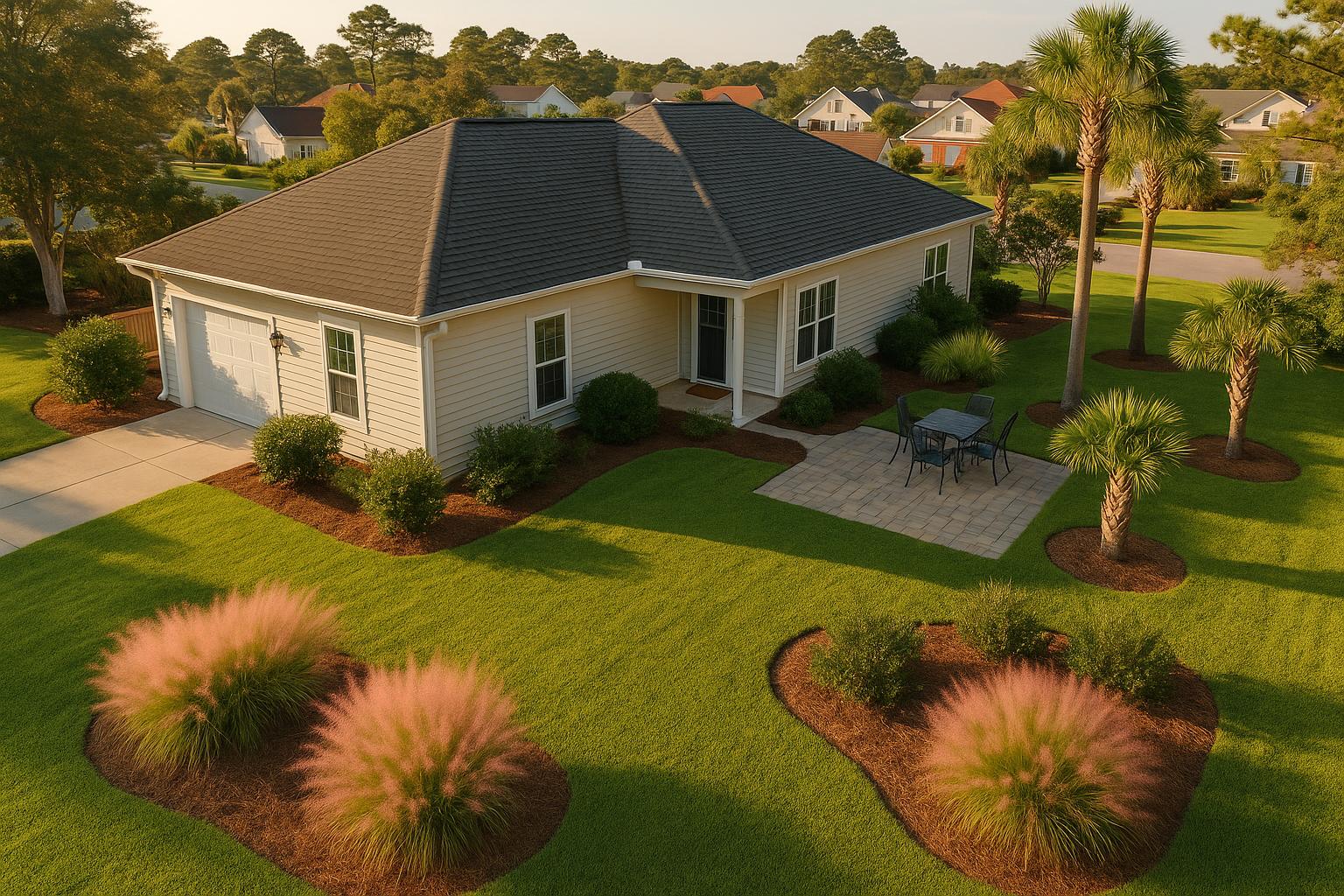 Well-maintained North Myrtle Beach residential lawn and landscape at end of summer
