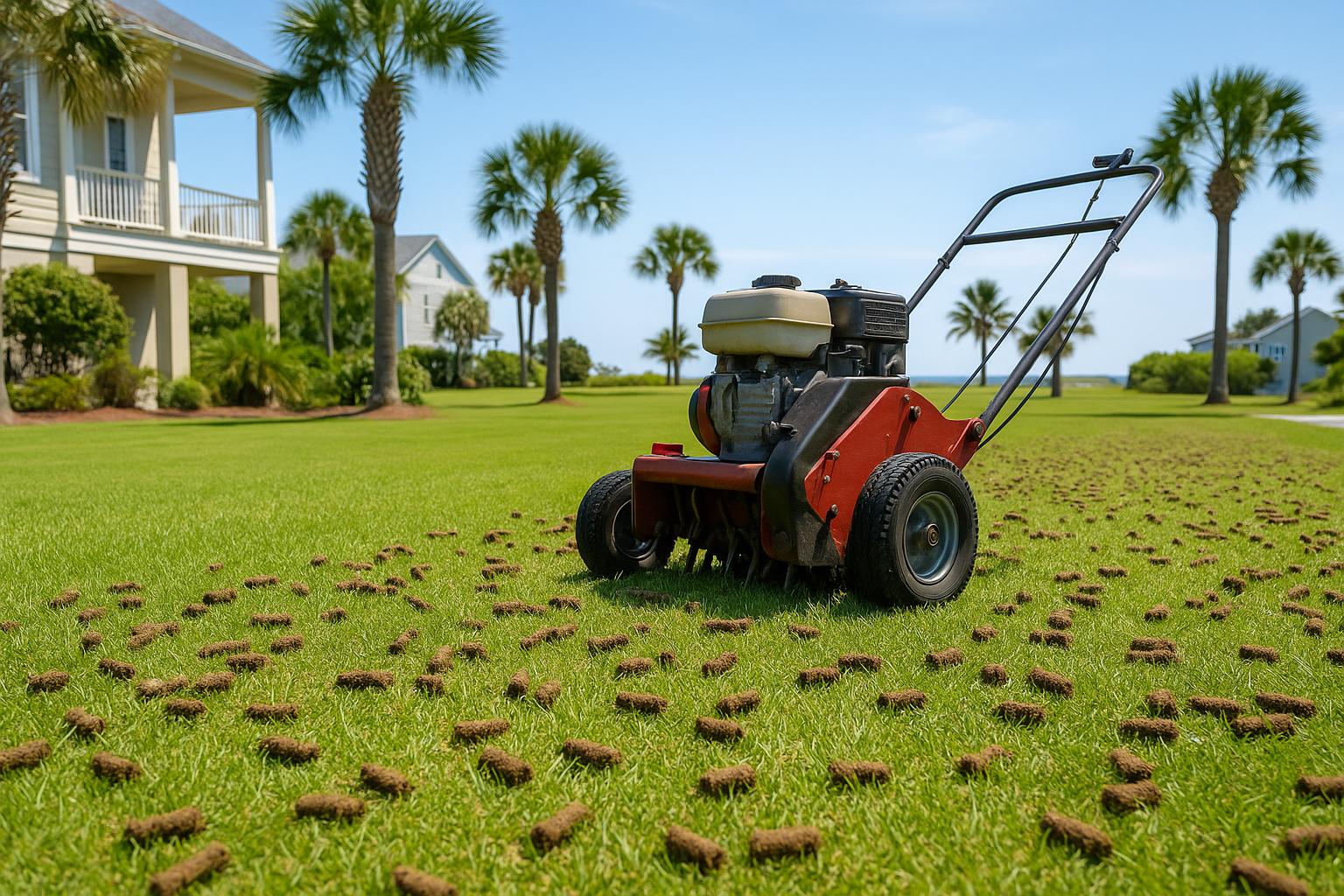 Core aeration machine on a North Myrtle Beach centipede grass lawn with soil plugs visible