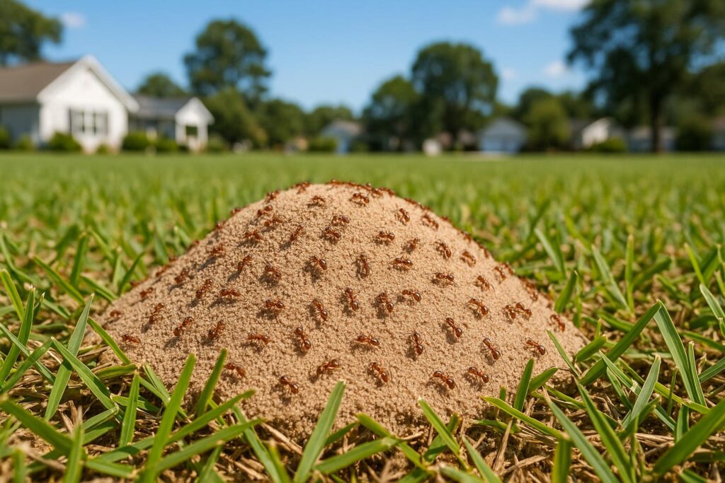 Fire ant mound on a North Myrtle Beach centipede grass lawn in summer