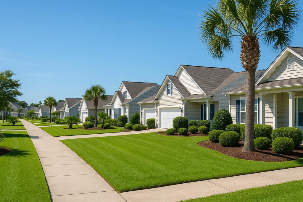 Well-maintained HOA neighborhood with uniform lawns and landscaping in North Myrtle Beach