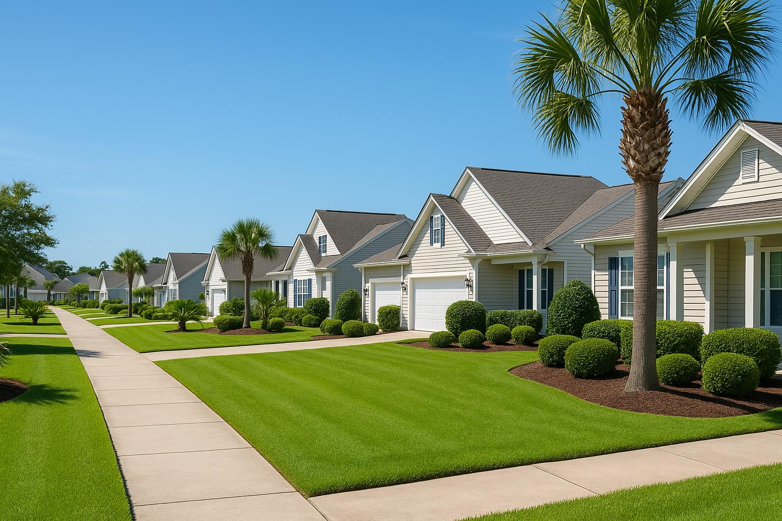 Well-maintained HOA neighborhood with uniform lawns and landscaping in North Myrtle Beach