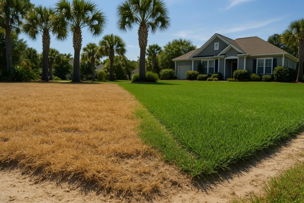 Dormant tan centipede grass beside healthy green turf at a North Myrtle Beach home in August