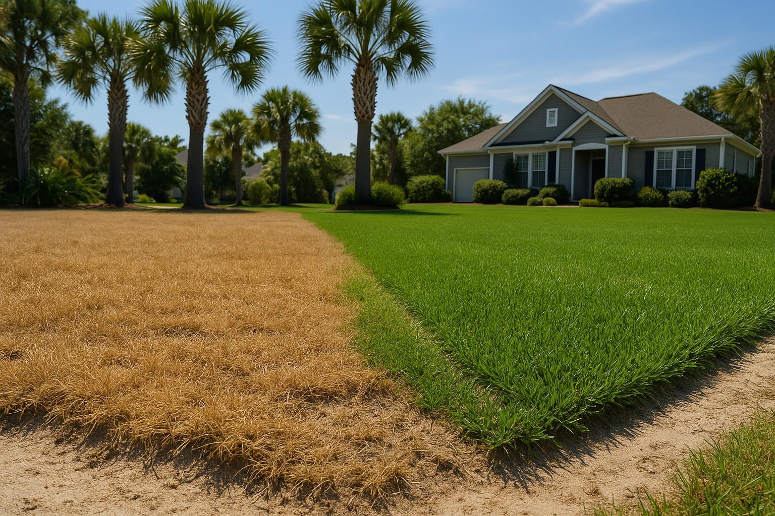 Dormant tan centipede grass beside healthy green turf at a North Myrtle Beach home in August