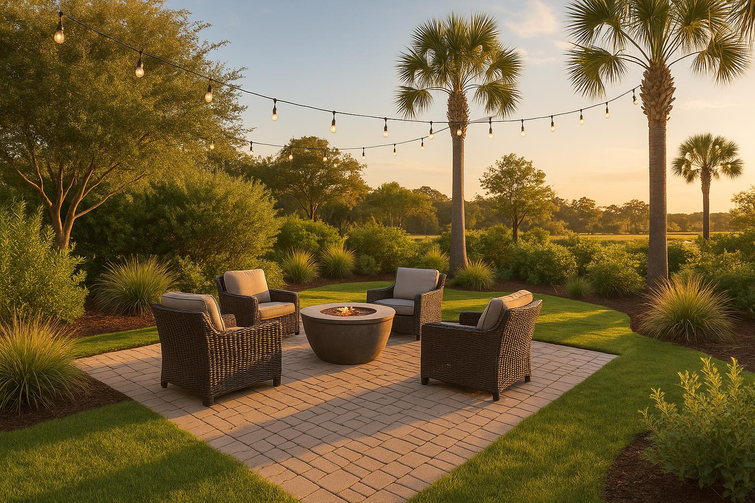 Beautiful outdoor living patio and green lawn at a North Myrtle Beach coastal home