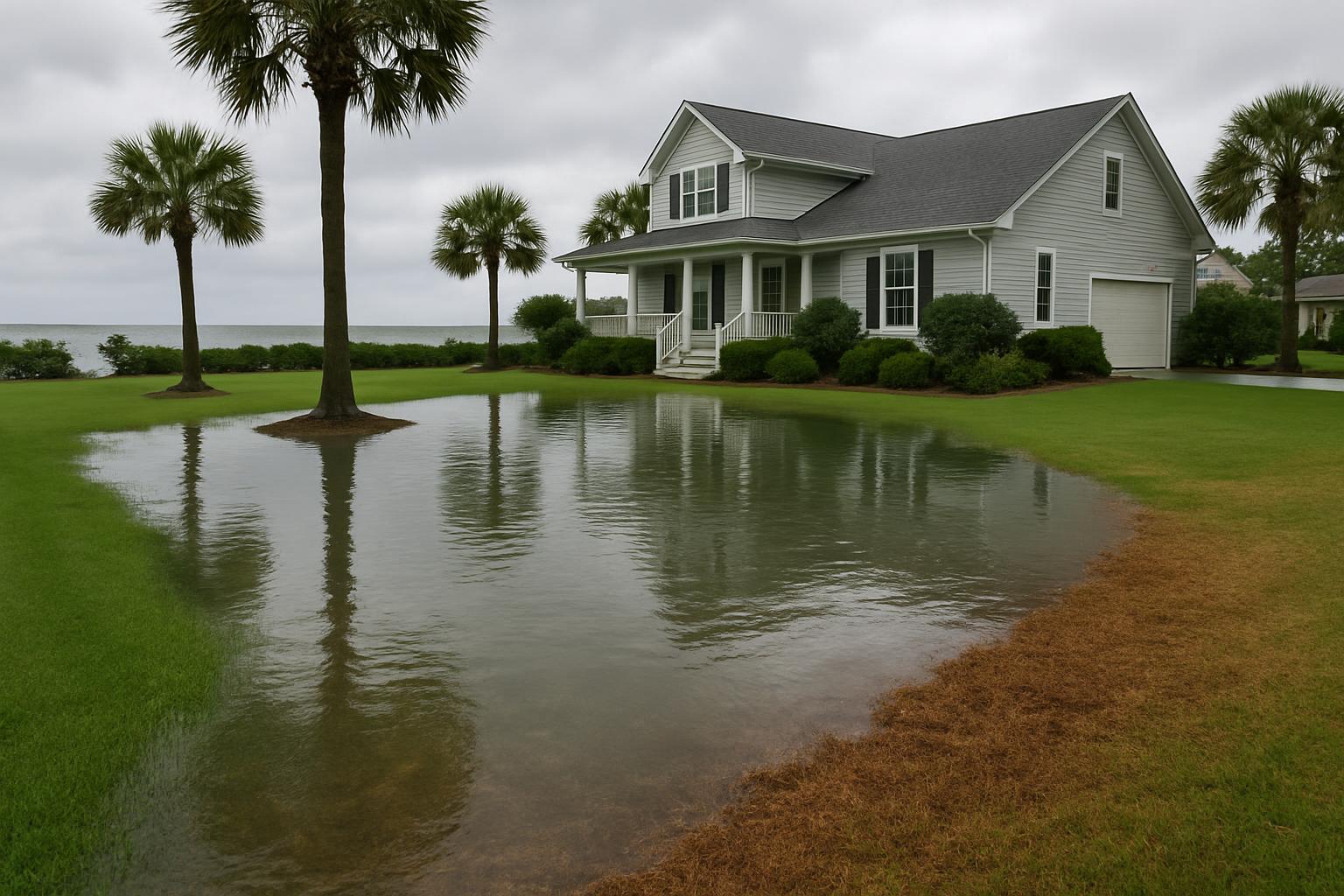 Saltwater flooding on a coastal SC residential lawn causing turf damage after a storm
