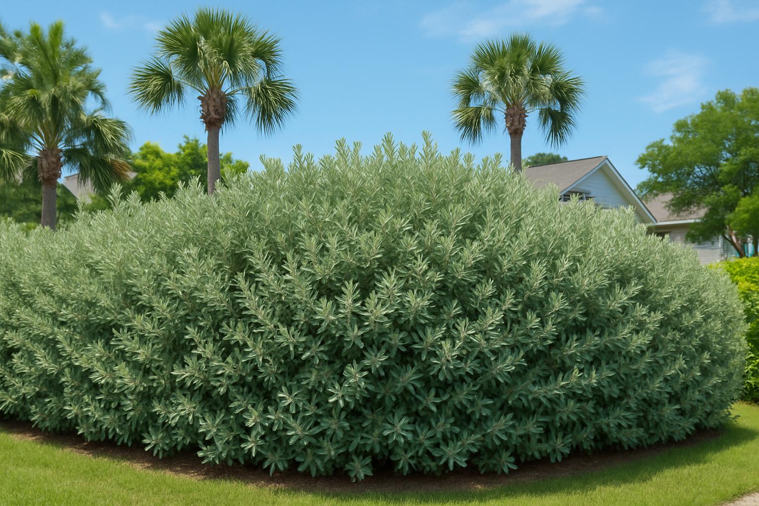 Dense wax myrtle privacy hedge at a coastal South Carolina residential property