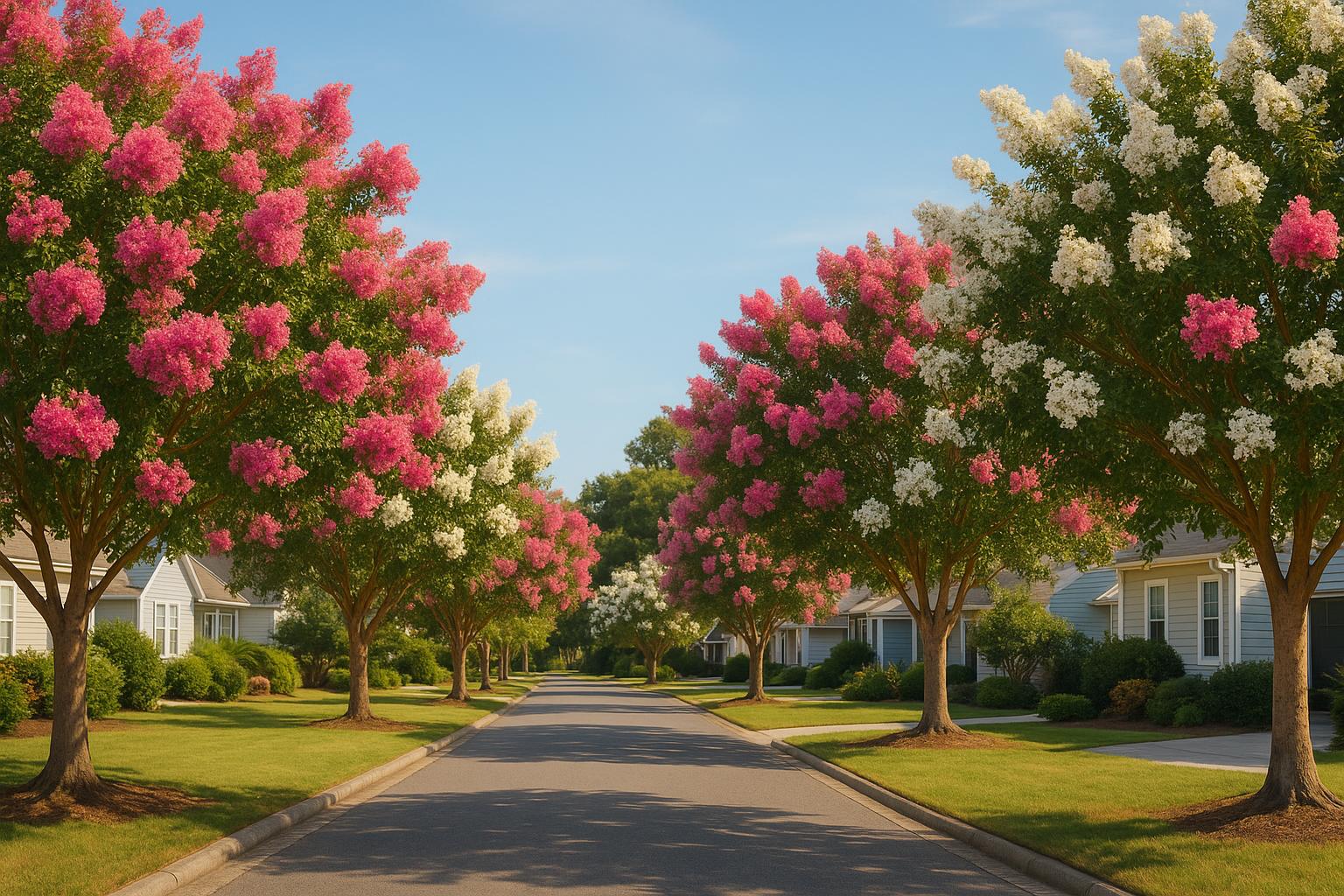 Crape myrtle trees in late summer bloom along a North Myrtle Beach residential street