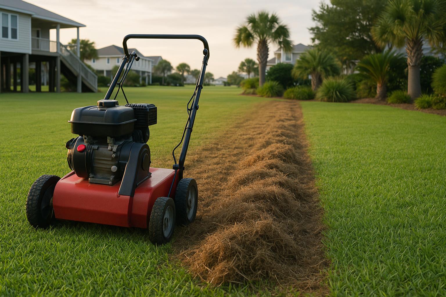Vertical mower dethatching a centipede grass lawn in coastal South Carolina in fall