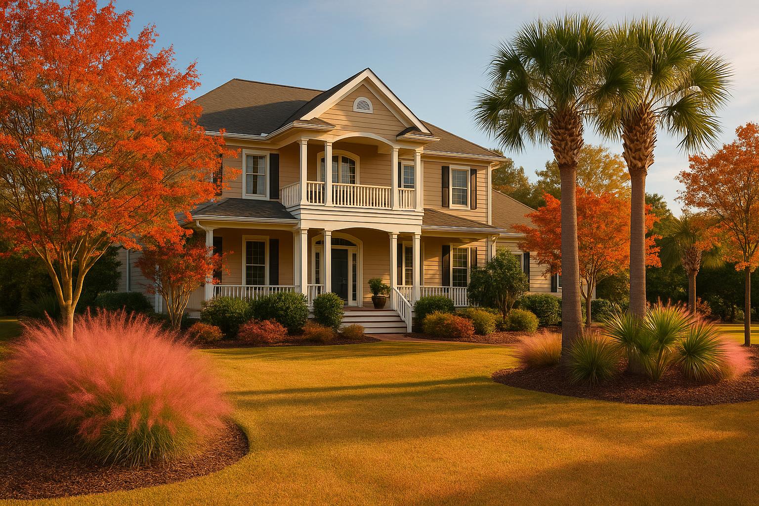 North Myrtle Beach residential property in early fall with centipede lawn and muhly grass in bloom