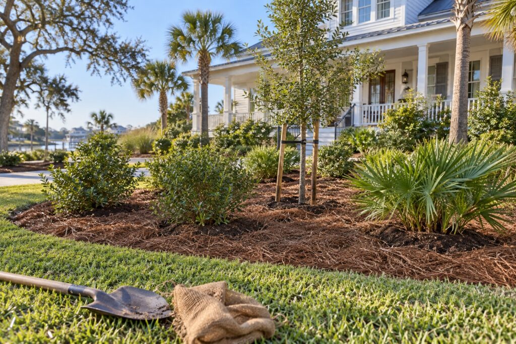Newly planted yaupon holly and wax myrtle shrubs with fresh pine straw in a North Myrtle Beach front yard in fall