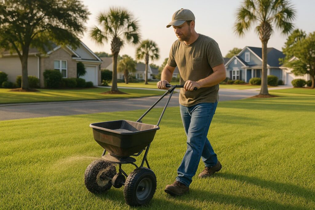 Homeowner applying granular pre-emergent herbicide on a North Myrtle Beach lawn in early fall