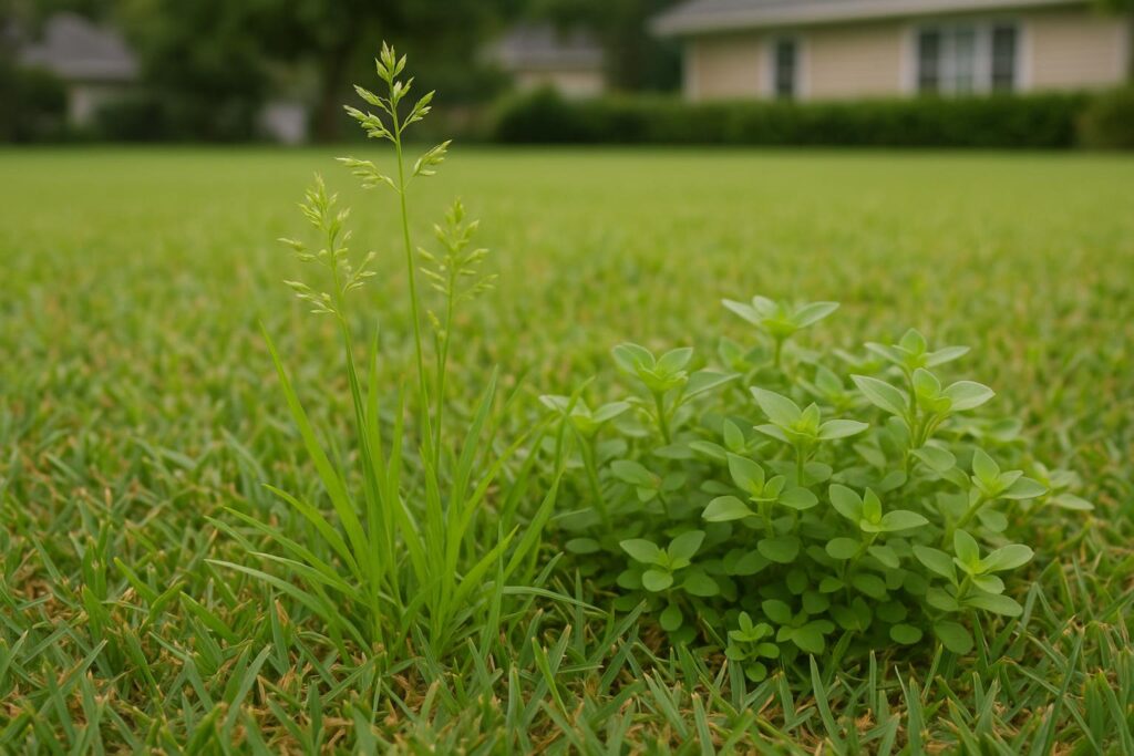 Annual bluegrass and chickweed weeds germinating in a North Myrtle Beach centipede grass lawn in fall